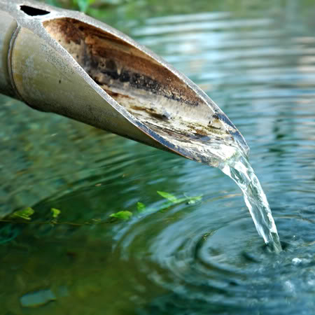 Eau s'écoulant d'une gouttière en bambou dans un bassin, créant des ondulations à la surface.