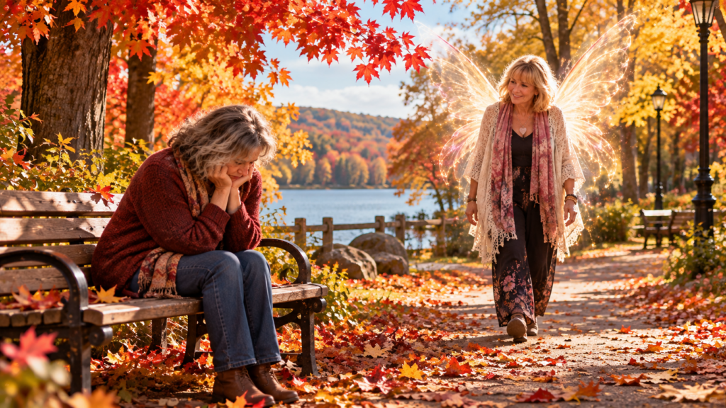 Johanne, guide angélique, marche vers une femme triste dans un parc québécois en automne
