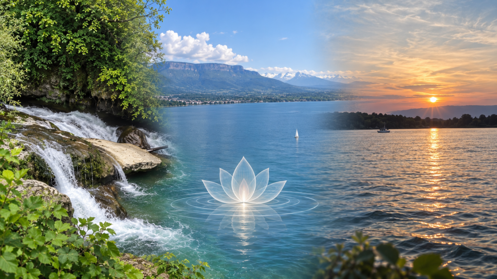 Méditation de l’eau avec rivière, lac, coucher de soleil et lotus